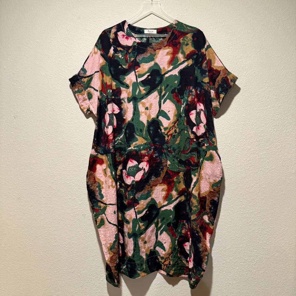 Beauty Style Fashion Abstract Floral Cocoon Midi Dress Short Sleeve‎ XXL